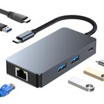 BYL-2308 6 in 1 da USB-C/Type-C a USB 3.2 + Gigabit Internet + adattatore HUB HDTV (grigio scuro)