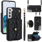Custodia per telefono in pelle a portafoglio orizzontale rombica a tracolla per Samsung Galaxy S22+ 5G (nera)