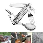 Stoviglie pieghevoli 6 in 1 (forchetta/coltello/cucchiaio/apribottiglie) per campeggio e sopravvivenza (Argento)