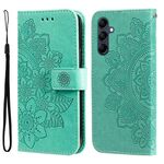 Per Samsung Galaxy M14 5G Custodia per telefono in pelle goffrata con fiori a 7 petali (verde)