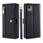Custodia per cellulare in pelle con cerniera a tracolla per Nokia C110 4G Lite (nero)