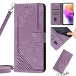 Per Samsung Galaxy A20 / A30 / M10s Custodia per telefono in pelle con motivo a strisce Skin Feel con cordino (viola)