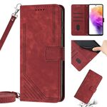 Per Samsung Galaxy A24 5G Custodia in pelle con motivo a strisce Skin Feel con cordino (rosso)