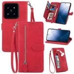 Custodia per telefono in pelle con cerniera fiore in rilievo Xiaomi 14 (rossa)