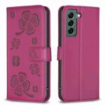 Custodia per telefono in pelle goffrata a quattro foglie per Samsung Galaxy S22+ 5G (rosa rosso)