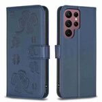Custodia per telefono in pelle goffrata a quattro foglie per Samsung Galaxy S22 Ultra 5G (blu)