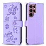 Custodia per telefono in pelle goffrata a quattro foglie per Samsung Galaxy S22 Ultra 5G (viola)