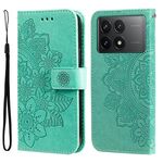 Custodia per telefono in pelle con stampa a fiori a 7 petali per Xiaomi Redmi K70 / K70 Pro (verde)