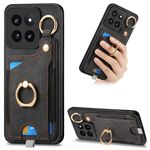 Per Xiaomi 14 Pro Custodia per telefono con sacchetto per carte ad anello retro skin-feel con anello per appendere (nero)