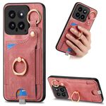 Per Xiaomi 14 Custodia per telefono con sacchetto per carte ad anello retro skin-feel con anello per appendere (rosa)