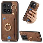 Per Xiaomi 14 Custodia per telefono con sacchetto per carte ad anello retro skin-feel con anello per appendere (marrone)