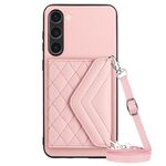 Custodia per telefono RFID con texture rombica per Samsung Galaxy S23+ 5G con cordino lungo (oro rosa)