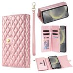 Custodia per telefono in pelle rombica con portafoglio multi-scheda con cerniera per Samsung Galaxy S22+ 5G (oro rosa)