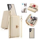Per Samsung Galaxy S24 5G Custodia a tracolla multifunzionale con cerniera Portafoglio in pelle Litchi (Beige)