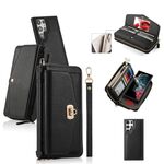 Per Samsung Galaxy S22 Ultra 5G Custodia a tracolla multifunzionale con cerniera Portafoglio in pelle Litchi (Nero)