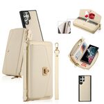 Per Samsung Galaxy S22 Ultra 5G Custodia a tracolla multifunzionale con cerniera Portafoglio in pelle Litchi (Beige)