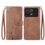 Per Xiaomi Redmi K70 Custodia per telefono in pelle con cerniera fiore in rilievo (marrone)