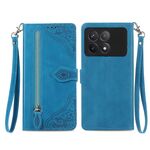 Per Xiaomi Redmi K70 Custodia per telefono in pelle con cerniera fiore in rilievo (blu)