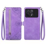 Per Xiaomi Redmi K70 Custodia per telefono in pelle con cerniera fiore in rilievo (viola)