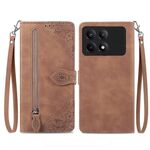 Custodia per telefono in pelle con cerniera fiore goffrato per Xiaomi Redmi K70E (marrone)