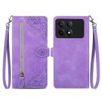 Custodia per telefono in pelle con cerniera fiore in rilievo Xiaomi Redmi K70E (viola)