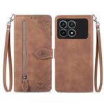 Custodia per telefono in pelle con cerniera fiore in rilievo Xiaomi Redmi K70 Pro (marrone)