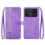 Custodia per telefono in pelle con cerniera fiore in rilievo Xiaomi Redmi K70 Pro (viola)