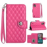 Custodia per cellulare in pelle con texture rombica per Nokia C12 con cordino (rosa rossa)