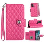 Custodia per cellulare in pelle con texture rombica per Nokia C22 con cordino (rosa rossa)