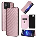 Custodia per cellulare in pelle flip con texture in fibra di carbonio per ASUS ROG Phone 8 Pro (rosa)