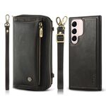 Custodia per telefono in pelle a portafoglio con cerniera multifunzionale a tracolla per Samsung Galaxy S22 5G (nera)