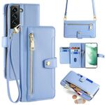 Per Samsung Galaxy S22+ 5G Custodia per telefono in pelle con cerniera a tracolla con trama di pecora (blu)