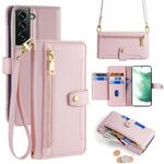 Per Samsung Galaxy S22+ 5G Custodia per telefono in pelle con cerniera a tracolla con trama di pecora (rosa)