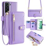 Per Samsung Galaxy S22+ 5G Custodia per telefono in pelle con cerniera a tracolla con trama di pecora (viola)
