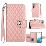 Custodia per cellulare in pelle con texture rombica per Samsung Galaxy S22+ 5G con cordino (rosa corallo)
