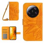 Per Xiaomi 14 Custodia per telefono in pelle Flip in rilievo Ultra Skin Feel Sun Flower con cordino (giallo)
