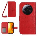 Per Xiaomi 14 Custodia per telefono in pelle Flip in rilievo Ultra Skin Feel Sun Flower con cordino (Rosso)