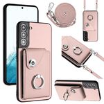 Per Samsung Galaxy S22 5G Custodia per cellulare con supporto ad anello per porta tessere con cordino lungo (rosa)