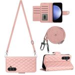 Per Samsung Galaxy S23 FE 5G Custodia per telefono in pelle con texture rombica con cordino lungo (rosa corallo)