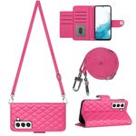 Custodia per cellulare in pelle con texture rombica per Samsung Galaxy S22+ 5G con cordino lungo (rosa rosso)