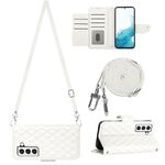 Per Samsung Galaxy S22+ 5G Custodia per telefono in pelle con texture rombica con cordino lungo (Bianco)