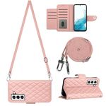 Custodia per cellulare in pelle con texture rombica per Samsung Galaxy S22+ 5G con cordino lungo (rosa corallo)