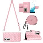 Custodia per cellulare in pelle con texture rombica per Samsung Galaxy S22+ 5G con cordino lungo (rosa)