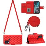 Custodia per cellulare in pelle con texture rombica per Nokia C22 con cordino lungo (rosso)