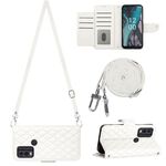 Custodia per cellulare in pelle con texture rombica per Nokia C22 con cordino lungo (bianco)