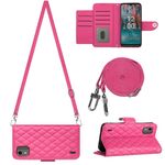 Custodia per cellulare in pelle con texture rombica per Nokia C12 con cordino lungo (rosa rossa)