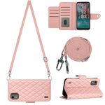 Custodia per cellulare in pelle con texture rombica per Nokia C12 con cordino lungo (rosa corallo)