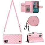 Custodia per cellulare in pelle con texture rombica per Nokia C12 con cordino lungo (rosa)