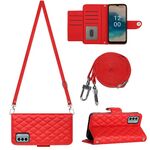 Custodia per cellulare in pelle con texture rombica per Nokia G22 con cordino lungo (rosso)