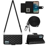 Custodia per cellulare in pelle con texture rombica per Nokia G22 con cordino lungo (nero)